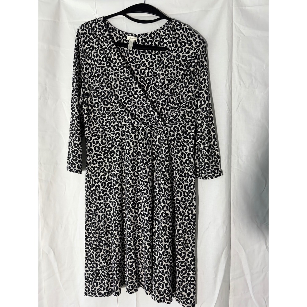 Soma Black White Abstract Print Faux Wrap Dress 3/4 Sleeve Jersey Knit Large